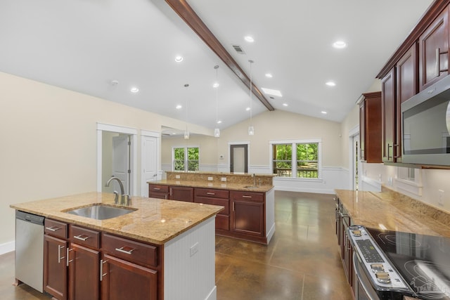 7515 Whiting Acres Ln, Milton, FL 32570 - kitchen featuring an island with sink, appliances with stainless steel finishes, decorative light fixtures, light stone counters, and reddish brown cabinets