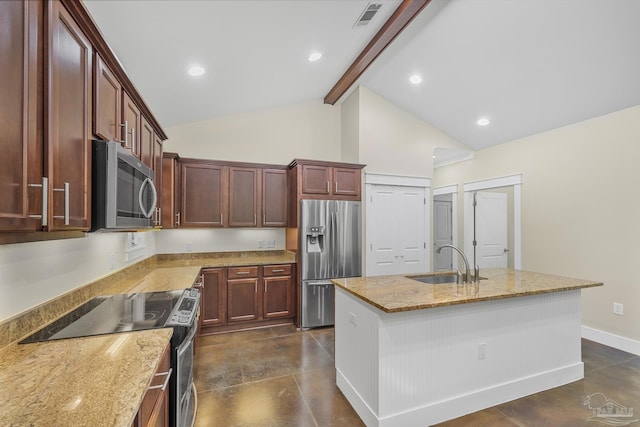 7515 Whiting Acres Ln, Milton, FL 32570 - kitchen with appliances with stainless steel finishes, beam ceiling, light stone countertops, an island with sink, and high vaulted ceiling