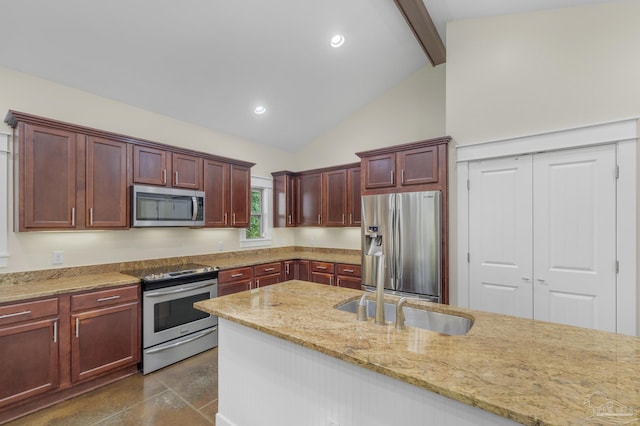 7515 Whiting Acres Ln, Milton, FL 32570 - kitchen featuring appliances with stainless steel finishes, light stone counters, beamed ceiling, reddish brown cabinets, and recessed lighting
