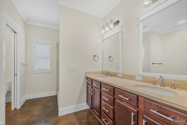 7515 Whiting Acres Ln, Milton, FL 32570 - bathroom featuring concrete flooring, double vanity, and crown molding