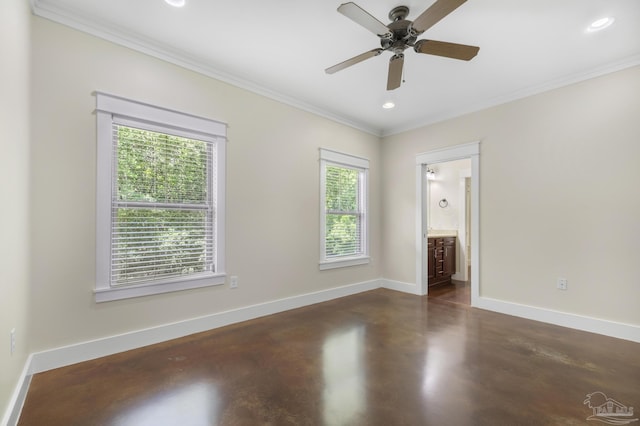 7515 Whiting Acres Ln, Milton, FL 32570 - empty room with concrete flooring, ornamental molding, a ceiling fan, and recessed lighting