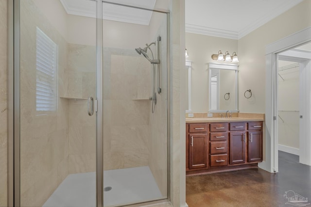 7515 Whiting Acres Ln, Milton, FL 32570 - full bathroom featuring a stall shower, vanity, finished concrete floors, ornamental molding, and a walk in closet