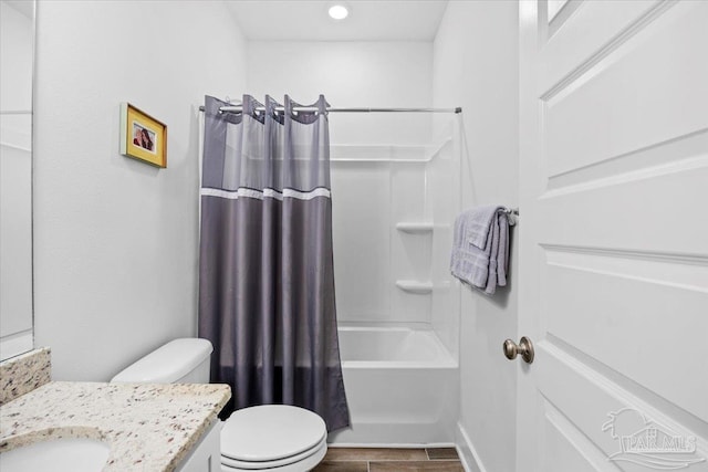 full bath with vanity, toilet, recessed lighting, wood finished floors, and shower / bath combination with curtain