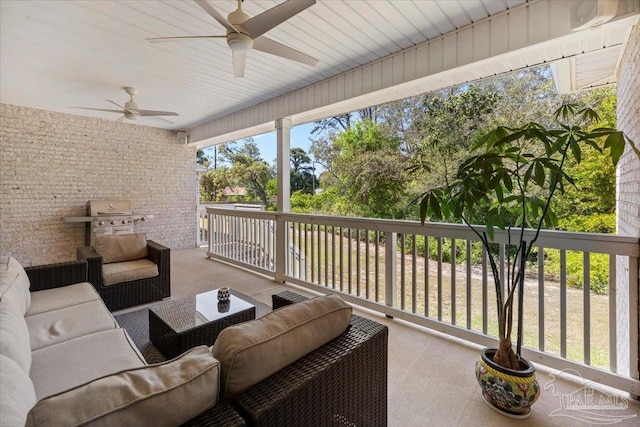 view of patio with outdoor lounge area, a grill, and ceiling fan