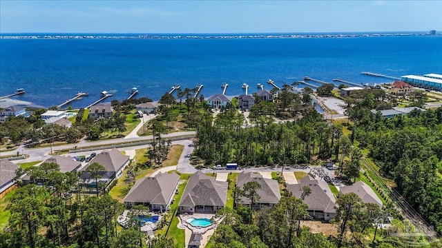 birds eye view of property with a water view and a residential view