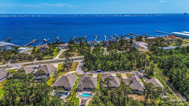 drone / aerial view with a residential view and a water view