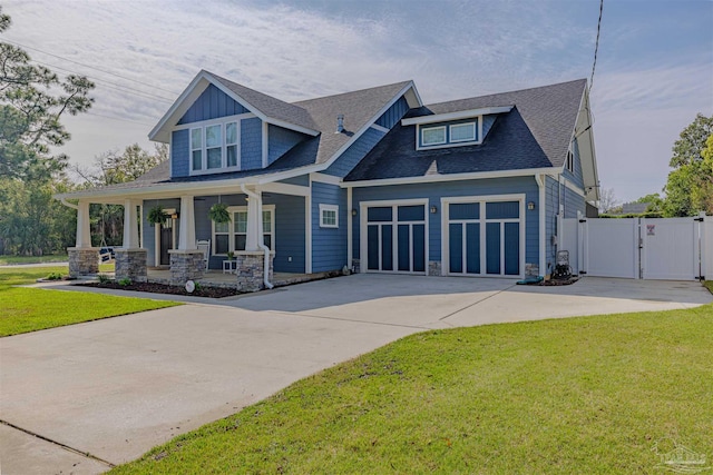 craftsman house featuring stone siding, driveway, a gate, a front lawn, and covered porch