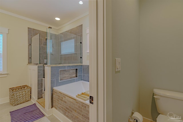 bathroom featuring toilet, a shower stall, tile patterned floors, a garden tub, and a fireplace