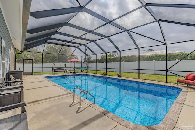 view of pool with a fenced backyard, a fenced in pool, and a patio