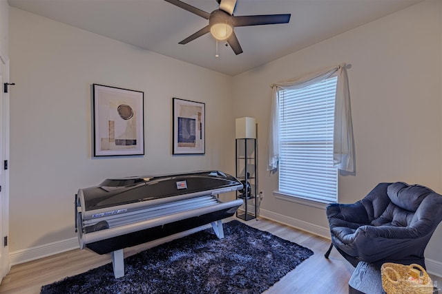 interior space with ceiling fan and light wood-type flooring