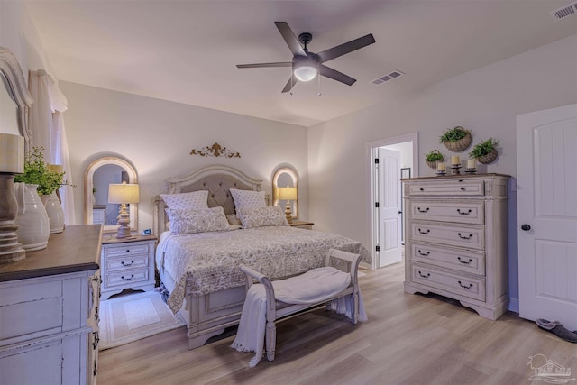 bedroom featuring ceiling fan and light wood-type flooring