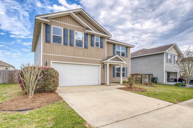 view of front of property featuring concrete driveway, an attached garage, board and batten siding, a front yard, and fence