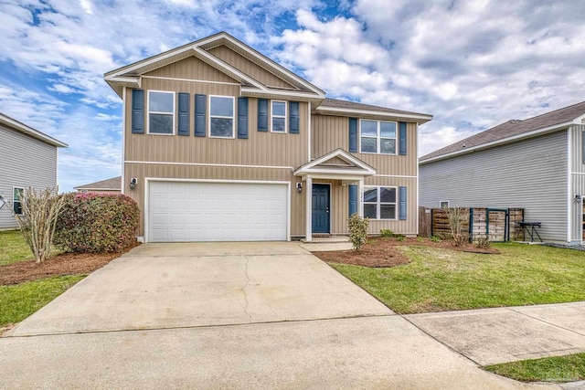 view of front of house with a garage, a front yard, driveway, and fence