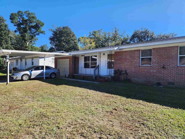 ranch-style house featuring a front lawn, a garage, and a carport