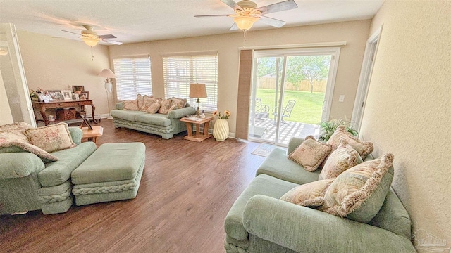 6214 Plum Orchard Way, Crestview, FL 32536 - living area with ceiling fan, a textured wall, and wood finished floors