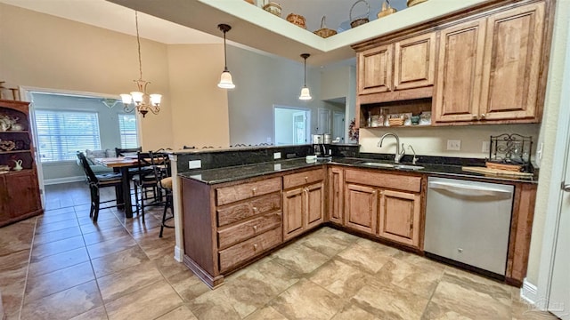 6214 Plum Orchard Way, Crestview, FL 32536 - kitchen featuring dishwasher, open shelves, a high ceiling, a sink, and a chandelier