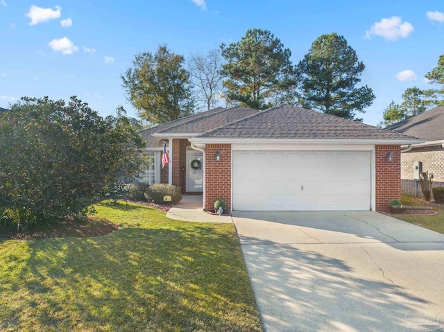 ranch-style house with a garage and a front lawn