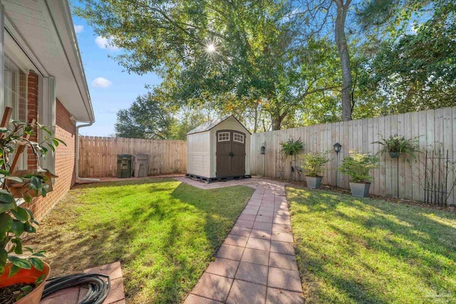 view of yard featuring a storage shed