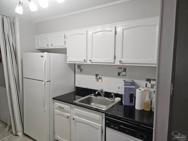 2201 Scenic Hwy Unit E-7, Pensacola, FL 32503 - kitchen with a sink, white appliances, dark countertops, ornamental molding, and tasteful backsplash