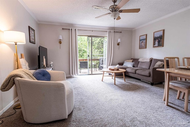 1314 Foxborough Dr, Pensacola, FL 32514 - carpeted living room with ornamental molding, a textured ceiling, and ceiling fan