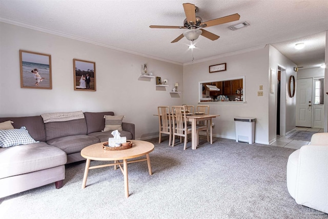 1314 Foxborough Dr, Pensacola, FL 32514 - living area featuring ornamental molding, a ceiling fan, carpet flooring, and visible vents