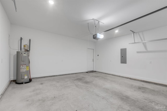 garage with water heater, a garage door opener, and electric panel