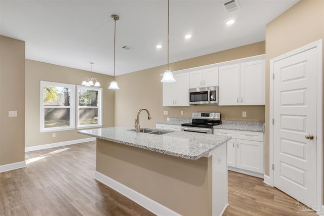 kitchen featuring white cabinetry, appliances with stainless steel finishes, sink, and hanging light fixtures