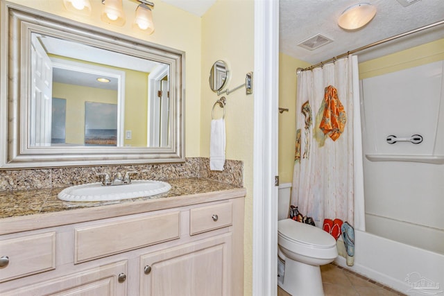 full bath featuring tile patterned flooring, visible vents, toilet, shower / bath combo, and vanity