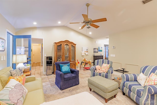 living room featuring recessed lighting, visible vents, vaulted ceiling, and ceiling fan