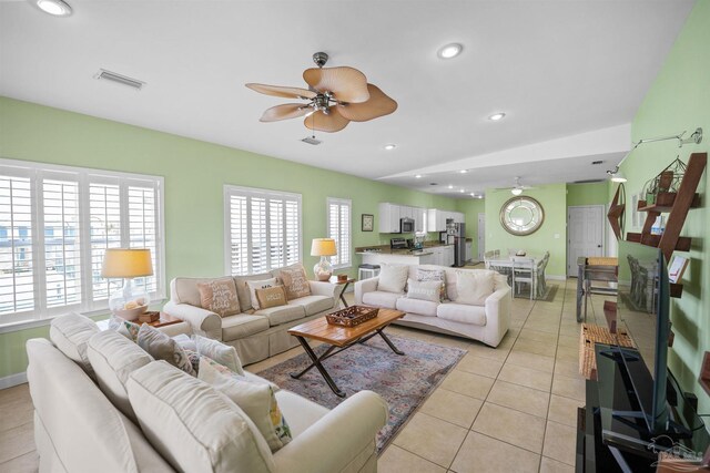 446 Harbor Light Cir, Gulf Shores, AL 36542 - living room featuring a ceiling fan, light tile patterned floors, baseboards, and recessed lighting