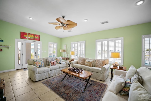 446 Harbor Light Cir, Gulf Shores, AL 36542 - living room with light tile patterned floors, ceiling fan, recessed lighting, and baseboards