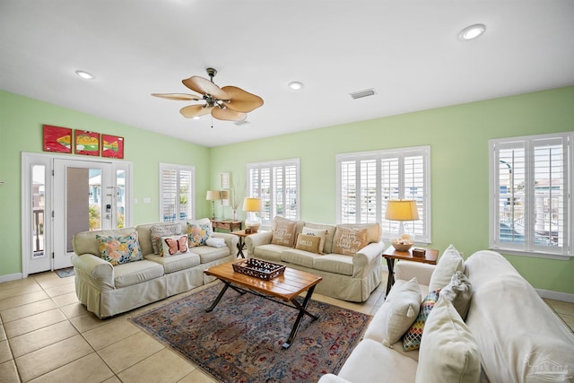 446 Harbor Light Cir, Gulf Shores, AL 36542 - living room featuring light tile patterned floors, ceiling fan, baseboards, and recessed lighting