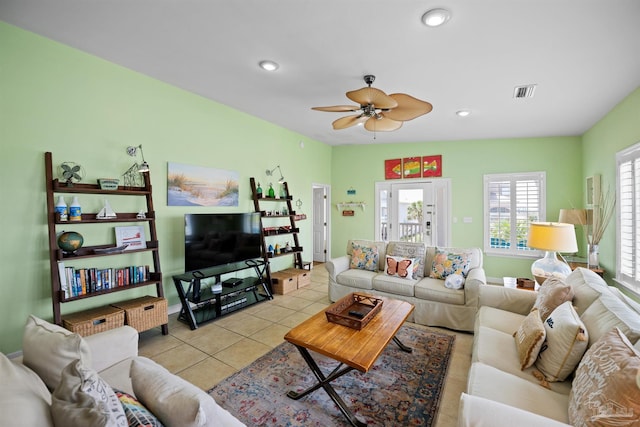 446 Harbor Light Cir, Gulf Shores, AL 36542 - living room with tile patterned floors, ceiling fan, baseboards, and recessed lighting