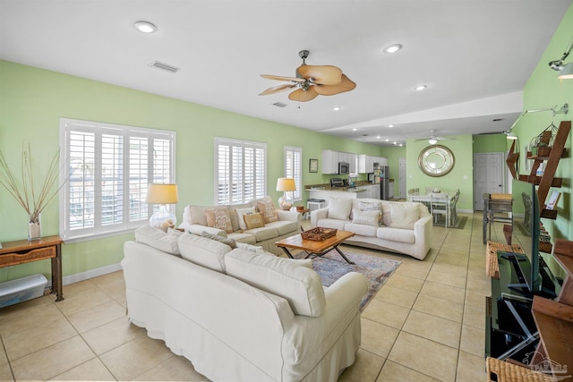446 Harbor Light Cir, Gulf Shores, AL 36542 - living room featuring ceiling fan, light tile patterned floors, baseboards, and recessed lighting