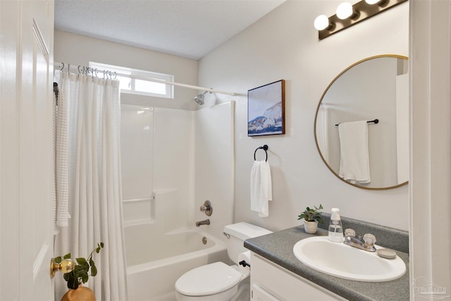 full bathroom with shower / bath combination with curtain, toilet, a textured ceiling, and vanity