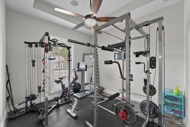 workout room with ceiling fan