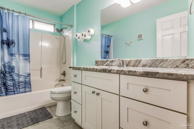 full bathroom with vanity, shower / bath combination with curtain, and toilet