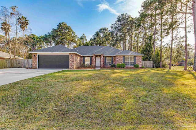 ranch-style home featuring a garage and a front lawn