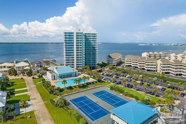 drone / aerial view with a water view