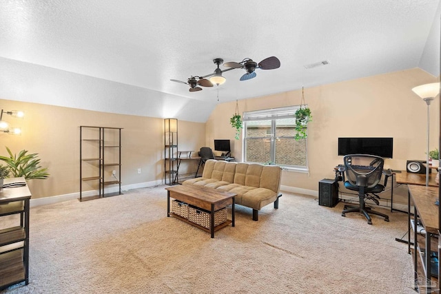 1824 Lindsey Magnolia Ct, Navarre, FL 32566 - carpeted living room with vaulted ceiling, an office area, a ceiling fan, baseboards, and a textured ceiling