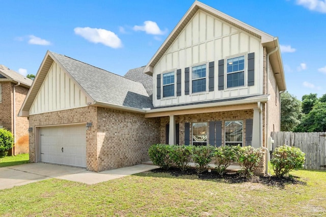 1824 Lindsey Magnolia Ct, Navarre, FL 32566 - traditional-style house featuring board and batten siding, a shingled roof, a garage, concrete driveway, and brick siding