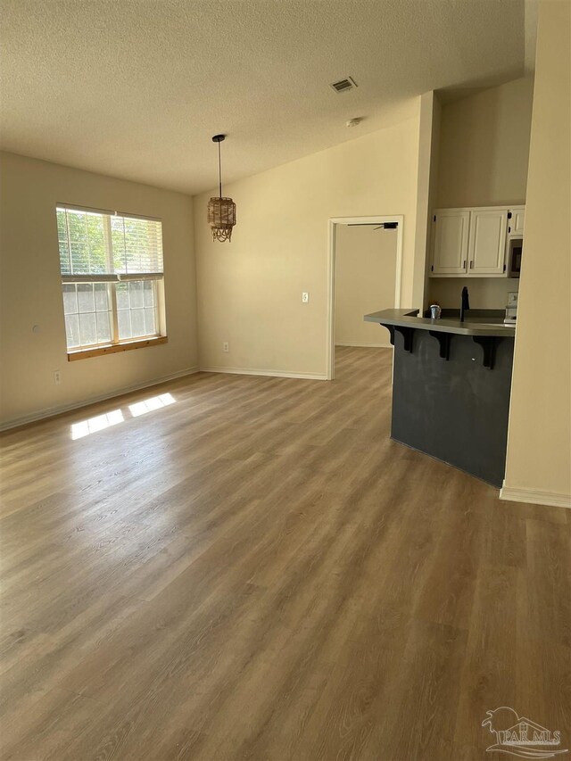 interior space with vaulted ceiling, light hardwood / wood-style floors, and a textured ceiling