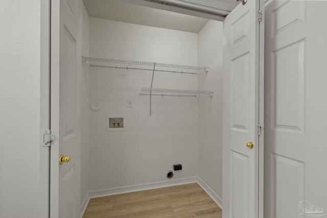 washroom featuring a textured ceiling, hookup for a washing machine, and light hardwood / wood-style flooring