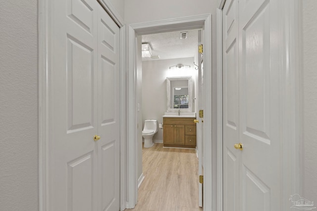 hall featuring sink, light hardwood / wood-style floors, and a textured ceiling