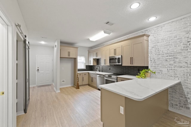 kitchen featuring sink, light hardwood / wood-style flooring, a barn door, appliances with stainless steel finishes, and kitchen peninsula