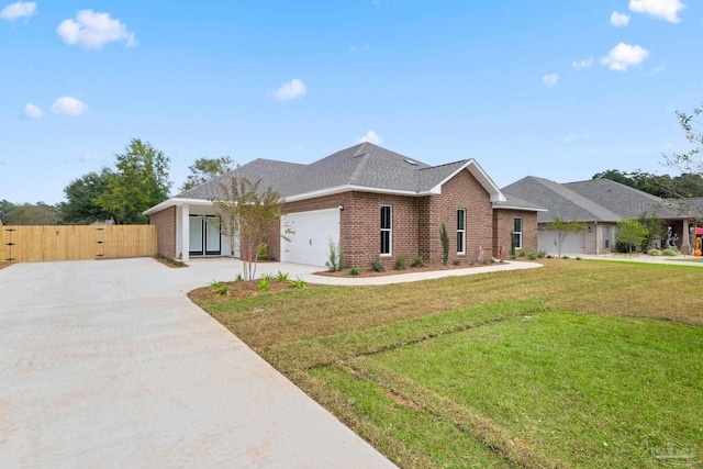 single story home with a front yard and a garage