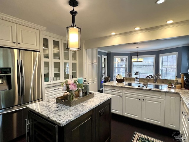 39 Blithewood Dr, Pensacola, FL 32514 - kitchen featuring stainless steel fridge with ice dispenser, crown molding, white cabinets, glass insert cabinets, and light stone counters