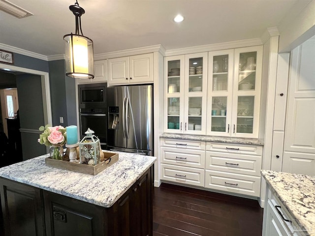 39 Blithewood Dr, Pensacola, FL 32514 - kitchen featuring appliances with stainless steel finishes, dark wood-style floors, white cabinets, glass insert cabinets, and ornamental molding