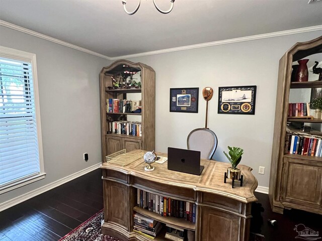 39 Blithewood Dr, Pensacola, FL 32514 - home office featuring baseboards, dark wood finished floors, and ornamental molding