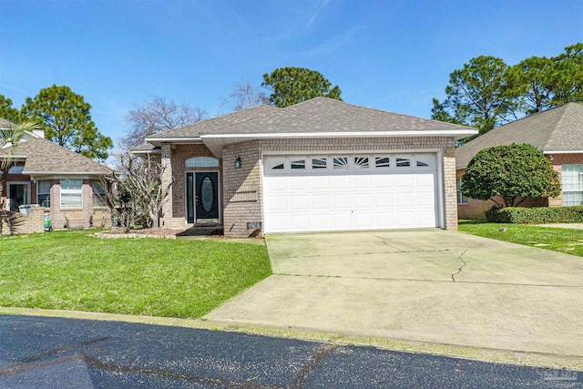 ranch-style home featuring brick siding, roof with shingles, an attached garage, driveway, and a front lawn